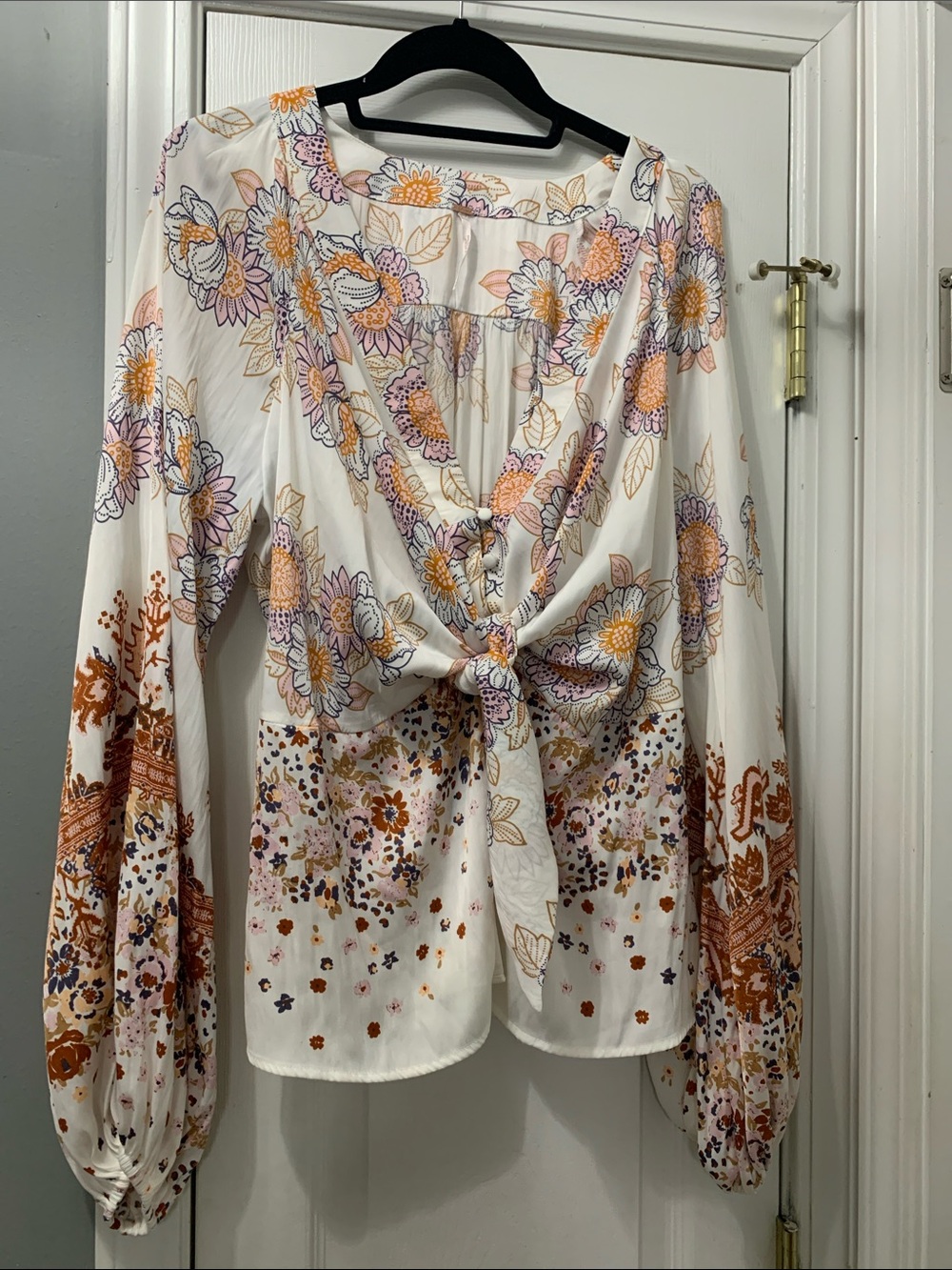 Free People Floral Tie-Front Blouse in Cream, Rust, Lavender